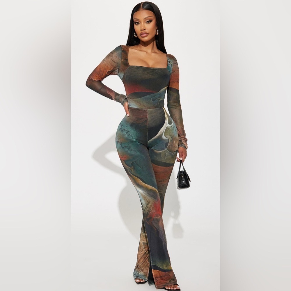 Fashion Nova Lost in a Trance Black and Brown Artistic Jumpsuit